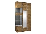 Mirjan24 Garderoben-Set Monati XXVIII, 2-türig Kleiderschrank mit Spiegel Aufsatz Schuhschrank Hängeschrank 8 Doppelhaken Gepolstertes Wandpaneel Flurgarderobe (Eiche Artisan/Schwarz, Manila 16)