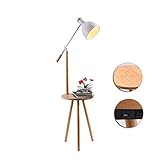 QJUZO Holz Stehlampe Wohnzimmer mit Regalen, E27 Tripod Stehleuchte Leselampe mit USB Anschluss und Holz Tisch, Fussschalter, Skandinavischer Stil Standleuchte für Schlafzimmer Büro,Weiß