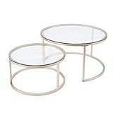 Huuryoudo Couchtisch 2er Set, Couchtisch Gold Glas mit Metallgestell Beistelltisch rund für Balkon Couch Tisch mit Kleiner Tisch Wohnzimmer, Gold Glasplatte