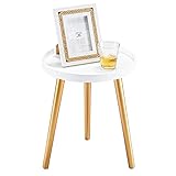 APICIZON Beistelltisch, Couchtisch rund Ø 38 cm, Höhe 45 cm, Sofatisch mit Beinen aus Massivholz, Skandinavischer Stil, Nachtisch Holz mit Schutzrand für Wohnzimmer, Schlafzimmer, Weiß/Golden