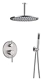 Wasserhahn Bad Duschsystem, Duscharmatur-Set, Regendusch-Kombi-Set aus Messing, gebürstetes Nickel, Badewannen- und Duschgarnitur-Set mit Handbrause und Deckenmontage-Regenduschkopf, Einzelgriff, 12 Z