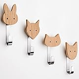 Kindergarderobe, Kleiderhaken für Kinder aus Holz in Tierformen, Wandhaken, Garderobenhaken für Kinderzimmer, Tiere, Hund, Katze, Fuchs, Hase, Deko (Eiche inkl. 4 Metallhaken)