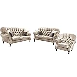 ROVERTI Anton Sofagarnitur 3 2 1 Polstergarnitur Chesterfield-Couchgarnitur Couch-Set für Wohnzimmer 3-Sitzer Sofa 210x95x98cm 2-Sitzer Sofa 176x 95x98cm Sessel 122x95x98cm Lounge Möbel Cremefarben