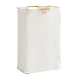 Relota Wäschekorb Faltbarer Geflochten Weiß 39×53×27 cm, Wäschesammler Faltbar Waschkorb Oxford-Gewebe mit Henkel Holzgriff Groß, Laundry Basket für Schlafzimmer, Badezimmer, Schlafsaal