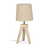 Relaxdays Tischlampe Dreibein, Holz & Stoff, E14, skandinavisches Design, HxD: 31 x 14 cm, Nachttischlampe, natur/beige