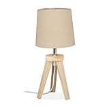 Relaxdays Tischlampe Dreibein, Holz & Stoff, E14, skandinavisches Design, HxD: 31 x 14 cm, Nachttischlampe, natur/beige