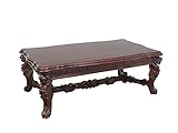 Antike Fundgrube Couchtisch im asiatischen Stil aus Massivholz | Wohnzimmertisch Tisch | Nussbaum-Farbton | Geschnitzte Löwenköpfe | 1 Schublade| L: 140 cm (5368)