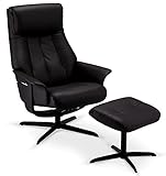 Ibbe Design Schwarz Leder Drehbar Relaxsessel mit Hocker und Manuell Verstellbar Relaxfunktion Stressless Fernsehsessel Bilbao, 77x85x106 cm