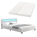 Juskys LED Polsterbett Paris 160 × 200 cm mit Matratze und Lattenrost — Kunstleder Bezug & Holz Gestell — weiß — modern & stabil - Doppelbett Bett