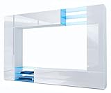 Vladon Wohnwand Mirage, Anbauwand mit Rückwand mit 2 Türen, 2 Klappen und 6 offenen Glasablagen, Weiß matt/Weiß Hochglanz, inkl. LED-Beleuchtung (262 x 183 x 39 cm)