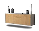 Lowboard Cleveland hängend (136x47x35cm) Korpus weiß matt - Front Holz-Design Eiche - Push to Open - hochwertige Leichtlaufschienen