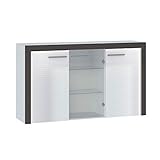 OGGI Kommode | Kommode Flamingo Komodenschrank | Elegantes Design, 3 Türe, Wohnzimmer, LED Beleuchtung, MDF Platte und gehärtetes Glas, 149 x 89 x 40 cm, Graphitgrau + Weiß