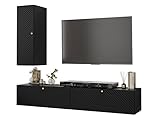 Mirjan24 Wohnwand hängend Kirtan Slim S Valdi VI, Anbauwand, Schrankwand, Fernsehwand, Wohnzimmerschrank, im Set 2X TV Lowboard, Hängeschrank (Schwarz/Schwarz + Gold Griffe)