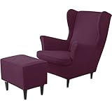 JHLD Spandex 2 Teilig Ohrensessel Überzug Mit Ottomane Schonbezug, Weich Stretch Husse Für Ohrensessel Mit Hockerbezug rutschfest Ohrensessel Überzug Abnehmbar Für Wohnzimmer-Dunkelrot-3 Stück
