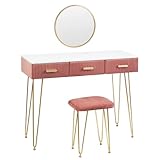 WOLTU MB6080rs Schminktisch mit Hocker Spiegel Frisiertisch mit Schubladen Große Tischplatte 100x40cm, Modern Kosmetiktisch für Schlafzimmer, Rosa