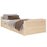 Bounv Massivholzbett mit 2 Schubladen Einzelbett Bettrahmen Lattenrost Bettgestell Bett Kinderbett Jugendbett Seniorenbett Kiefer 90x200 cm, Holzfarben