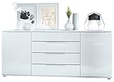 Vladon Sideboard Linio V2 166,5 x 72,5 x 35 cm Anrichte mit 2 Türen und 4 Schubladen, Korpus in Weiß matt, Fronten in Weiß Hochglanz