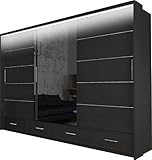 WFL GROUP Moderner Kleiderschrank mit LED Beleuchtung und Spiegel 200 250 cm - Schwebetürenschrank mit Hochglanz - 250 cm - Schwarz