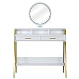 GRFIT Schminktisch Moderner Schminktisch Eitelkeitstisch Goldener Stahlrahmen mit LED 3- Farbe Touch Runder Spiegel 2 Schubladen Lagerregal (weiß/schwarz) Kosmetiktisch Frisiertisch (Color : Wit)