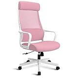 MELOKEA Bürostuhl ergonomisch, Schreibtischstuhl mit Großer und Weicher Verstellbarer Kopfstütze, Integrierter Lordosenstütze, Drehstuhl mit Höhenverstellung und Wippfunktion, Bis 150kg Belastbar Rosa