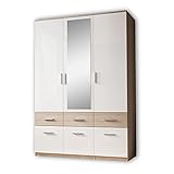 Stella Trading BOX Eleganter Kleiderschrank mit Spiegel & Schubladen - Geräumiger Drehtürenschrank in Sonoma Eiche Optik, Weiß - 135 x 198 x 55 cm (B/H/T)