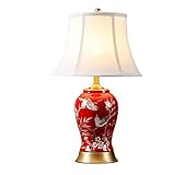 HALAHAI Tischleuchte Wohnzimmer Nachttischlampe Rote Keramik Tischlampe Tischlampe Handgemalte Blumen Und Vögel Für Schlafzimmer Wohnzimmer (Color : A, Size : Remote control switch)