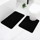 Homaxy Badezimmerteppich Set 2 teilig WC Vorleger mit Ausschnitt Set Badematte rutschfest Waschbar Hochflor Badteppich Mikrofaser Badvorleger Set – 50 x 60 cm + 50 x 80 cm, Schwarz