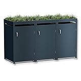 Metzler Mülltonnenbox 3er 240L aus Edelstahl mit Pflanzdach | Dachbegrünung aus Edelstahl in Anthrazit | für 3 Tonnen | wetterfest | Abfallbehälter | Tonnenhaus | gartenbox abschließbar | Gartenbox