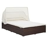 Festnight Doppelliege mit Sonnendach Sonnenliege Rattan mit Dach Gartenliege 2 Personen mit Auflage Sonnenbett Loungebett Sonneninsel Relaxliege Gartenmöbel Liege Braun