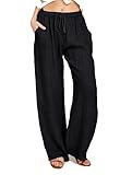 OZARE Damen-Leinenhose, Sommer, lässig, weites Bein, Taille, Baggy-Cargohose, Lounge-Hose, hoch taillierte Hose mit Taschen (Black L)