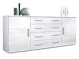 Vladon Sideboard Faro V2, Kommode mit 2 Türen und 4 Schubladen, Weiß matt/Weiß Hochglanz (166 x 72 x 35 cm)