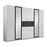 lifestyle4living Kleiderschrank mit Spiegel, Alpin-Weiß, Graphit-Grau, 270 cm | Drehtürenschrank 8 türig mit 2 Schubladen im klassischen Stil