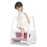 VA-Cerulean Tritthocker,Kinder Trittschemel,2 Stufen Lernturm mit Zwei-Armlehnen,Rosa+Weiß,Trittleiter aus Kunststoff,Pyramiden Struktur Kinderschemel für Küche,Kinderzimmer,Badezimmer