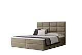 Grekpol - Boxspringbett Manhattan mit Taschenfederkern-Matratze H3 18 cm und Topper 5 cm, Polsterbett mit Bettkasten-Manhattan (Beige (Riwiera 21), 160x200 cm)