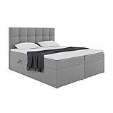 MEBLINI Boxspringbett mit Bettkasten - Gepolstert Doppelbett mit Matratze und Topper - Polsterbett mit Stauraum - Bett mit Kopfteil - Stauraumbett - NILS - 160x200 - H3/Grau Webstoff