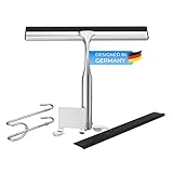 LUXOASIS® Duschabzieher Set mit Klebe-Halterung ohne Bohren - Edelstahl 25 cm breit - inkl. Silikon Lippe, S-Haken Abzieher Dusche Badezimmer Fenster Fensterabzieher Scheibenabzieher Badabzieher