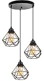 TOKIUS Pendelleuchte 3-flammig Vintage Industrial Hängelampe mit Geometrischem Design E27 Lampe aus Eisen Käfig Lampenschirm Schwarz Hängeleuchte für Esstisch Küche (Pendellampe, Rondell)