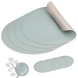 sølmo I Designer Tischset Rund aus PU-Leder - Große Farbauswahl - Abwischbar Hitzebeständig I Platzdeckchen, Tischset Kinder, 4er Platzset abwaschbar (Blau/Silber)
