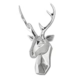 Hirschkopf Geweih Deko Tierkopf Wanddeko Handgefertigte Wandskulpturen, Antlers Schädel Deko Geweih Wanddeko, Hirsch Wanddeko Wandhalterung (Gold Silber, 28×40cm) (Color : Silver)