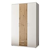 Stella Trading MARBURG Kleiderschrank in Weiß, Artisan Eiche Optik - Vielseitiger Drehtürenschrank 3-türig für Ihr Schlafzimmer - 120 x 196 x 54 cm (B/H/T)