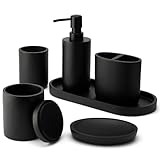 DELUXXOO® Hochwertiges 6-teiliges Badezimmer Zubehör Set schwarz matt als Bad Organizer und Deko I Seifenspender I Seifenschale I Zahnputzbecher I Tablett I Aufbewahrung Box I Becher I Bad Accessoires