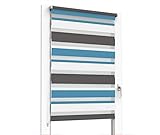 ALOHA Doppelrollo nach Maß Zebrarollo Duo Rollo Sonnenschutzrollo Klemmrollo Fensterrollo Klemmfix ohne Bohren für Fenster & Türen (Trio: Grau-Blau-Weiß, B66-70cm x H220cm)