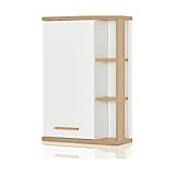 KHG Bad Wandschrank Weiß Holz Skandi Look, Badezimmer Hängeschrank minimalistisch, Holz-Optik Eiche, Soft Close, Breite 50 cm, Tiefe 20 cm, 1 Tür, 6 Fächer, Steg-Griff