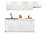 Küche Mela 180/240 cm, Küchenblock/Küchenzeile, Farbauswahl, 7 Schrank-Module frei kombinierbar (Weiß/Petra Beige, mit LED Beleuchtung)