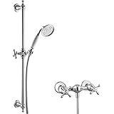 PaulGurkes Retro Duschset Aufputz Duscharmatur Kreuzgriff Duschstange Nostalgie Bad Armatur Handbrause Brausestange Zweigriffmischer Landhausstil Messing verchromt weiße Keramikeinlagen Vintage Antik