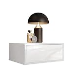 lukmebel Glamour Nachttisch Hängend, Wandregal mit Schublade, Nachttisch Weiß Hochglanz, Push-Open, Ohne Griff (Nachtschrank, Nachtschränkchen, Nachtkommode, Nachttisch Boxspringbett)