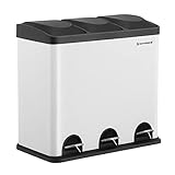 SONGMICS Mülleimer für die Küche, 54 Liter, Abfalleimer, Treteimer mit 3 Fächern, Inneneimern und 6 Aufklebern für Mülltrennung, Mülltrennsystem, weiß-schwarz LTB54W, 60,4 x 30 x 56,3 cm (L x B x H)