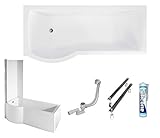 ECOLAM Duschbadewanne Set Badewanne + Badewannenabtrennung Duschwand Eckbadewanne Inspiro 150x70 cm LINKS Acryl weiß + Schürze Ablaufgarnitur Ab- und Überlauf Automatik Füße Silikon