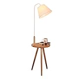 Stehlampe für Wohnzimmer mit Lampenschirm aus Leinen - Stehlampe im nordischen Stil aus Holz E27 Schlafzimmer Esszimmer 3 Bein Holzleuchten mit rundem Tisch