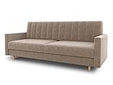 Schlafsofa Sara - Sofa mit Schlaffunktion und Bettkasten, Bettsofa mit Wellenfeder, Schlafcouch mit Holzfüße, Couch vom Hersteller, Couchgarnitur, Velours (Beige (Paros 02))